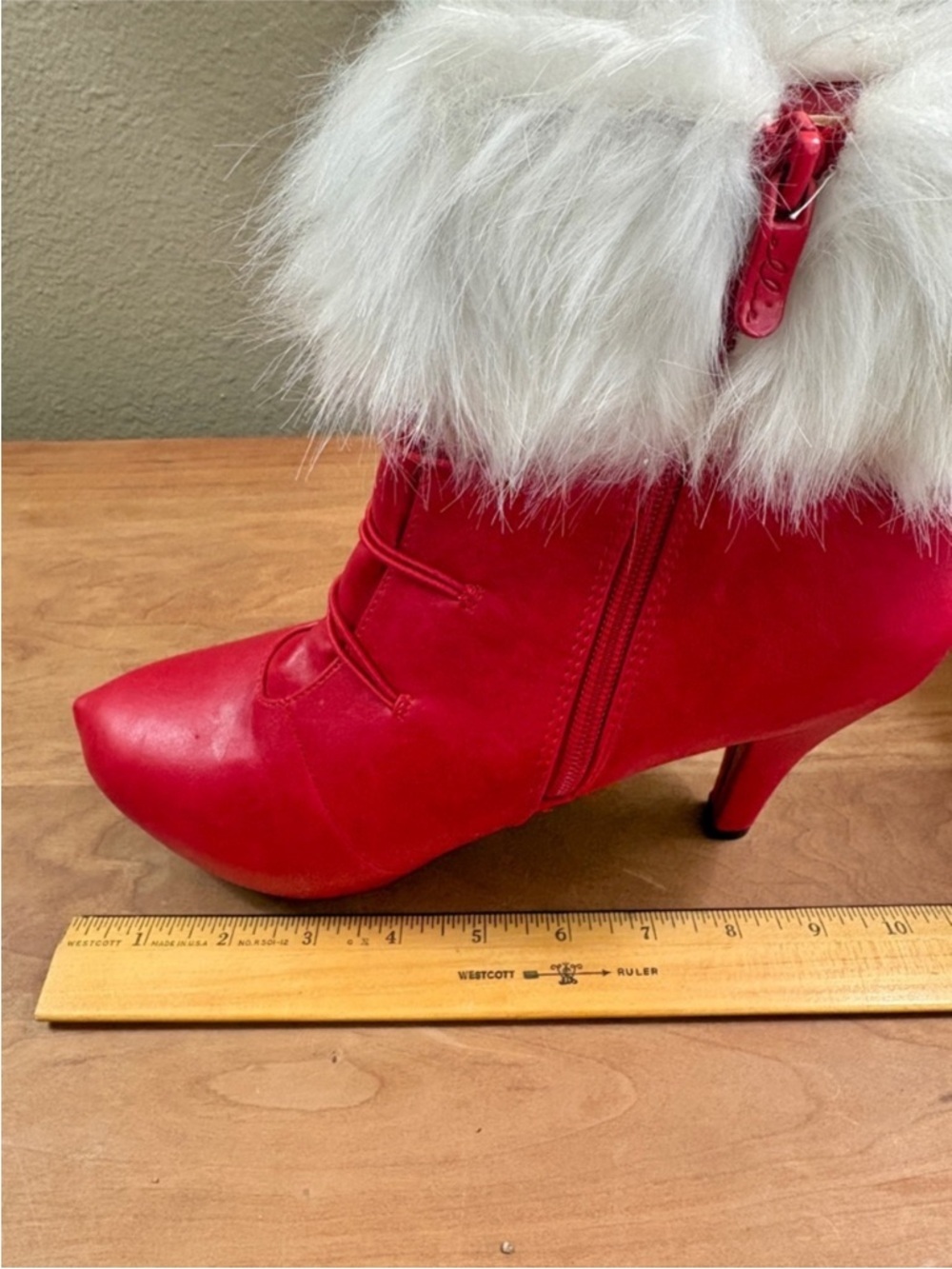 Ellie Red Faux Fur Trim High Heel Holiday Ankle Boots Size 9 Santa Costume - Picture 14 of 16